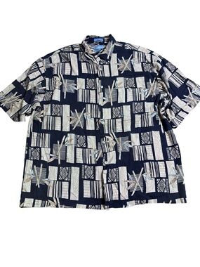 Kaylua Bay Resortwear Rayon Hawaiian Camp Shirt XXL Navy Geometric Tribal Print